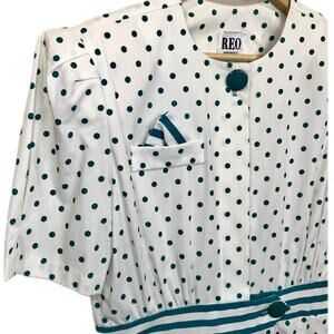 REO Originals Vintage 80s Preppy Short Sleeve Pleated Green Polka Dot Dress 12